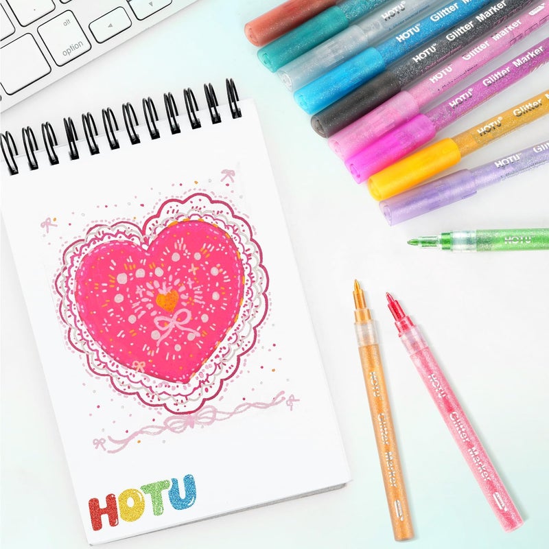 HOTU Glitter Markers Pen, 12 Glitter Colors Paint Pens Sparkly Metallic Shimmer Acrylic Marker Fine Point Tip 0.7mm Water-based Ink for Adults DIY Crafts Greeting Birthday Cards - Image 5